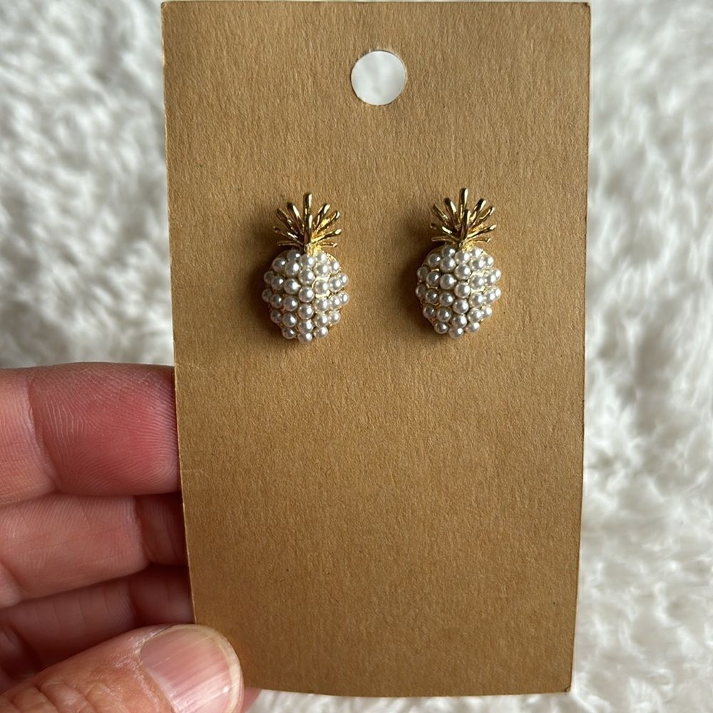 French Retro Pineapple 18k gold Pearl stud ‎ Earrings real 925 posts pina colada